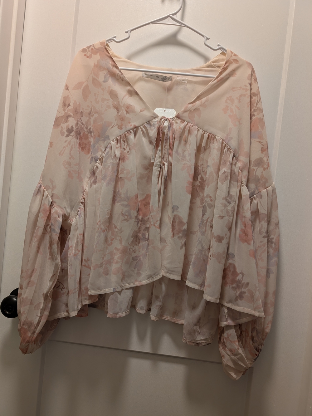 Altar'd State Blush Floral Peasant Blouse with Tie Front